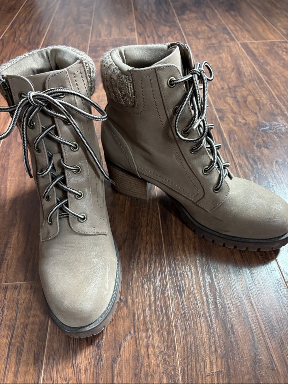 MIA Taupe Lace-Up Ankle Boots with Knit Collar
